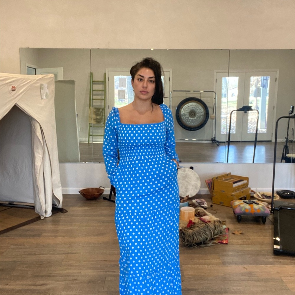 Dolan Blue and White Polka Dot Long Sleeve Dress